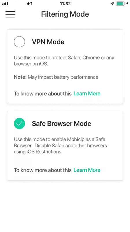 Mobicip filtering mode